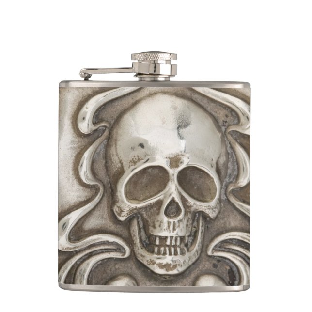 Skull Hip Flask Vintage Silver Repousse Jewellery (Front)