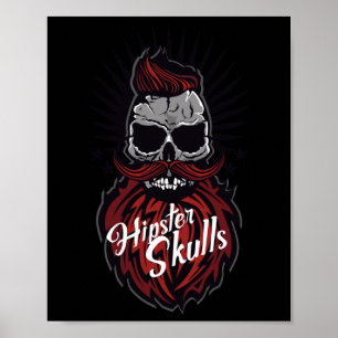 Skull Hipster Moustache Beard Logo Bearded Moustac Poster