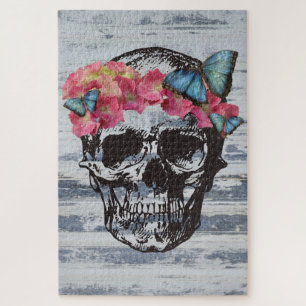 Skull Hydrangea Blue Butterfly Art Jigsaw Puzzle
