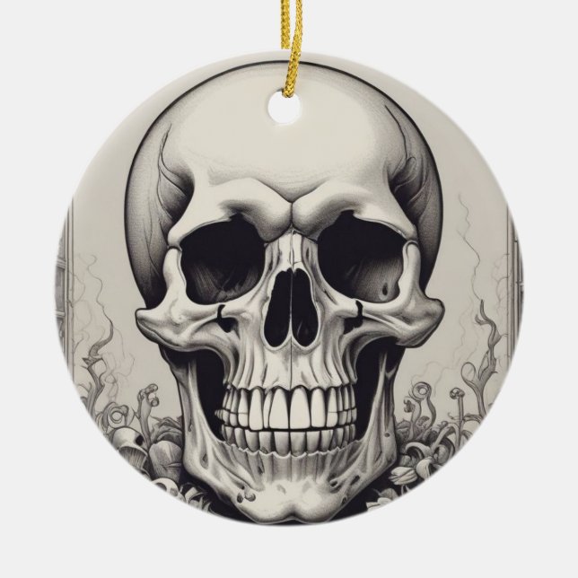 Skull Illustration Ceramic Tree Decoration (Front)