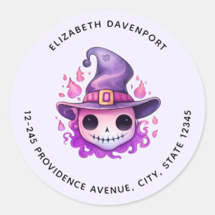 Skull in a Witch's Hat Whimsical Address Classic Round Sticker
