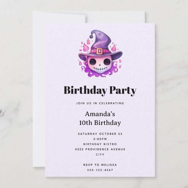 Skull in a Witch's Hat Whimsical Birthday Invitation (Front)