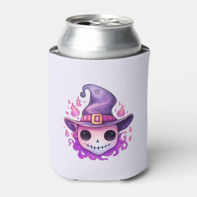 Skull in a Witch's Hat Whimsical Can Cooler (Can Front)