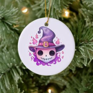 Skull in a Witch's Hat Whimsical Ceramic Tree Decoration