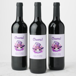Skull in a Witch's Hat Whimsical Halloween Wine Label