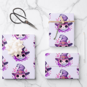 Skull in a Witch's Hat Whimsical Pattern Wrapping Paper Sheet