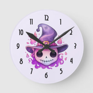 Skull in a Witch's Hat Whimsical Round Clock