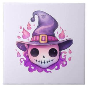 Skull in a Witch's Hat Whimsical Tile