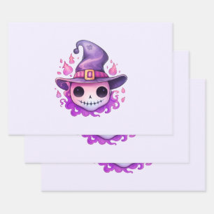 Skull in a Witch's Hat Whimsical Wrapping Paper Sheet