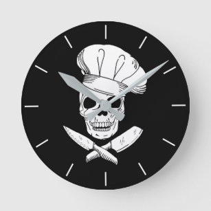 Skull in Chef Baker Hat and Knives Kitchen Round Clock