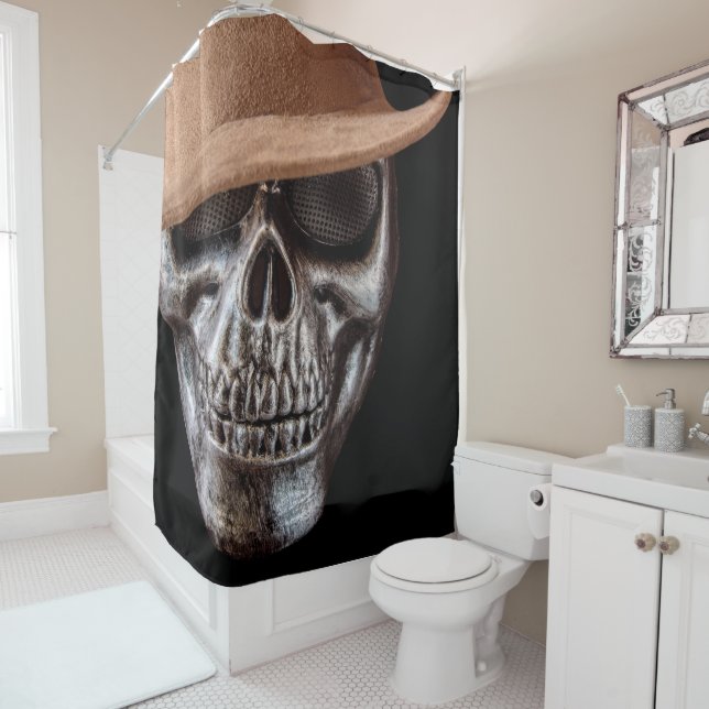 Skull in Fedora Hat Shower Curtain (In Situ)