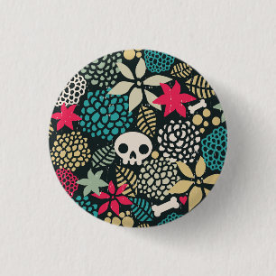 Skull in flowers 3 cm round badge