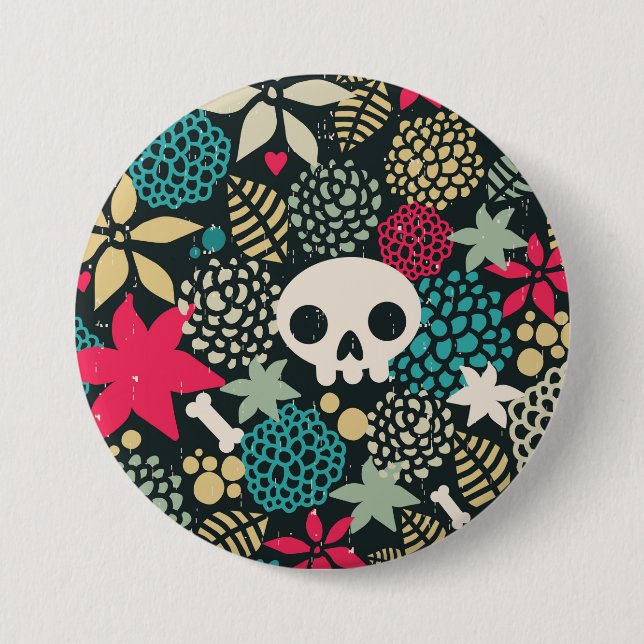 Skull in flowers 7.5 cm round badge (Front)