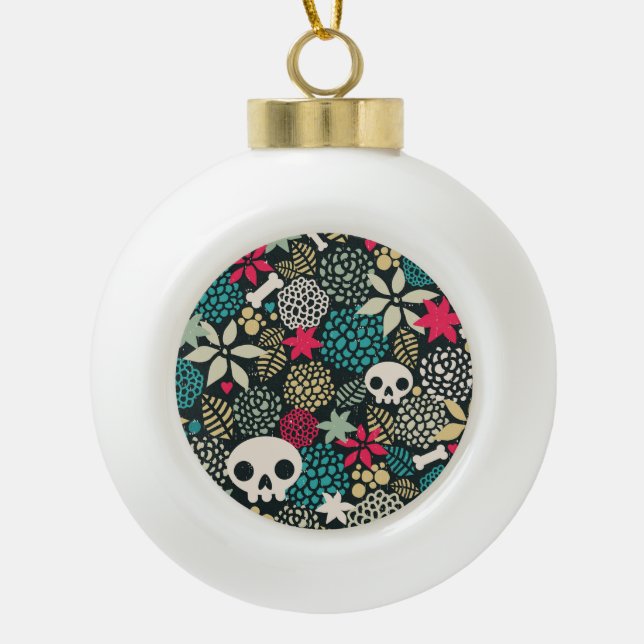 Skull in flowers ceramic ball christmas ornament (Front)