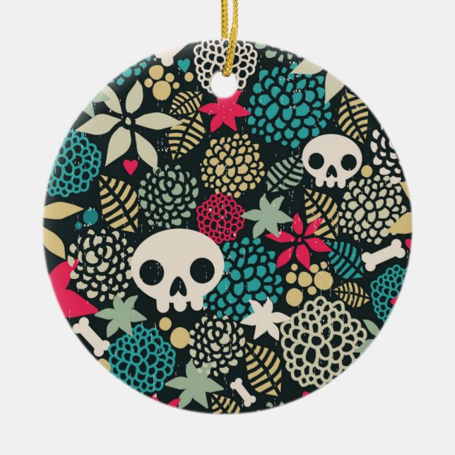 Skull in flowers ceramic tree decoration (Front)