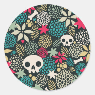 Skull in flowers classic round sticker
