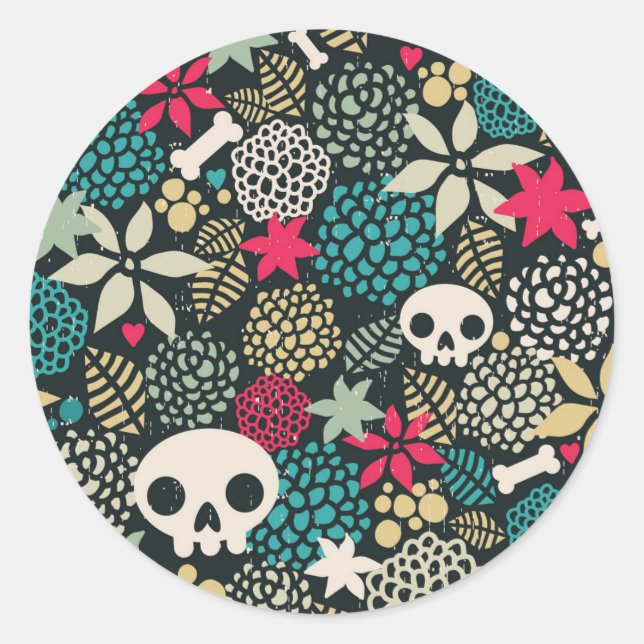 Skull in flowers classic round sticker (Front)