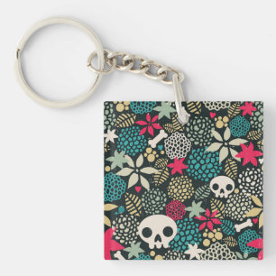 Skull in flowers key ring