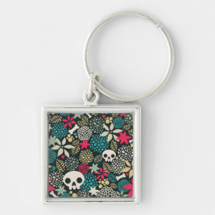 Skull in flowers key ring