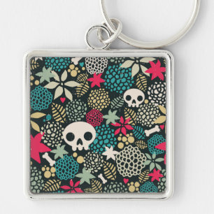 Skull in flowers key ring