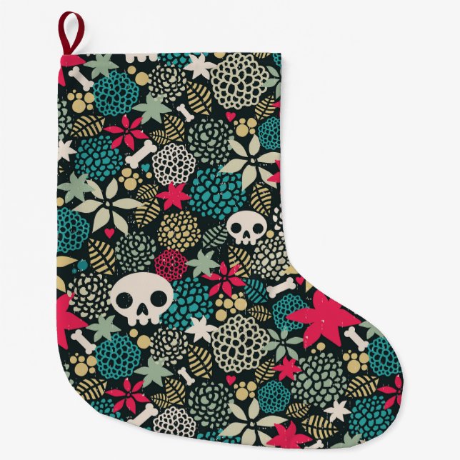 Skull in flowers large christmas stocking (Front)