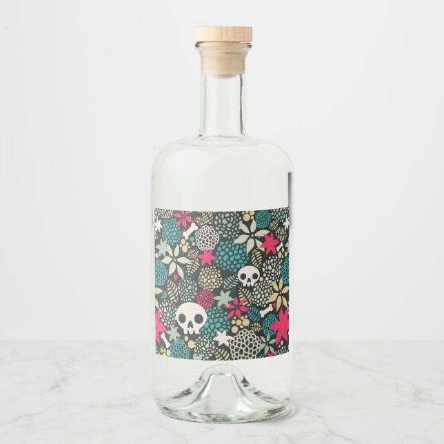Skull in flowers liquor bottle label (Front)