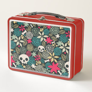 Skull in flowers metal lunch box