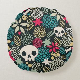 Skull in flowers round cushion