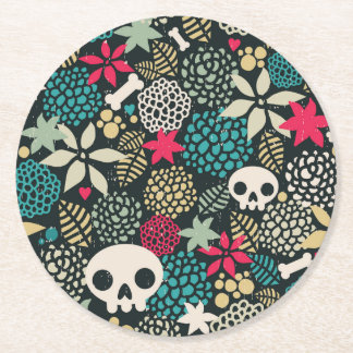 Skull in flowers round paper coaster