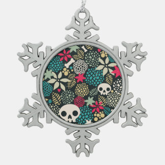 Skull in flowers snowflake pewter christmas ornament