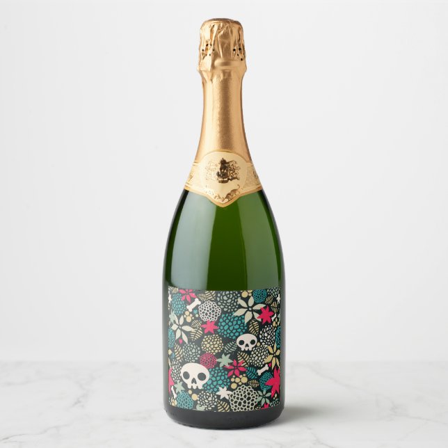 Skull in flowers sparkling wine label (Front)