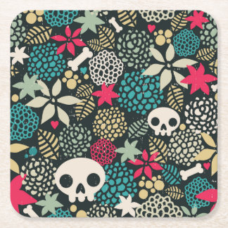 Skull in flowers square paper coaster