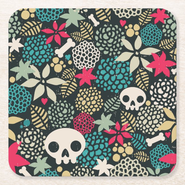 Skull in flowers square paper coaster (Front)