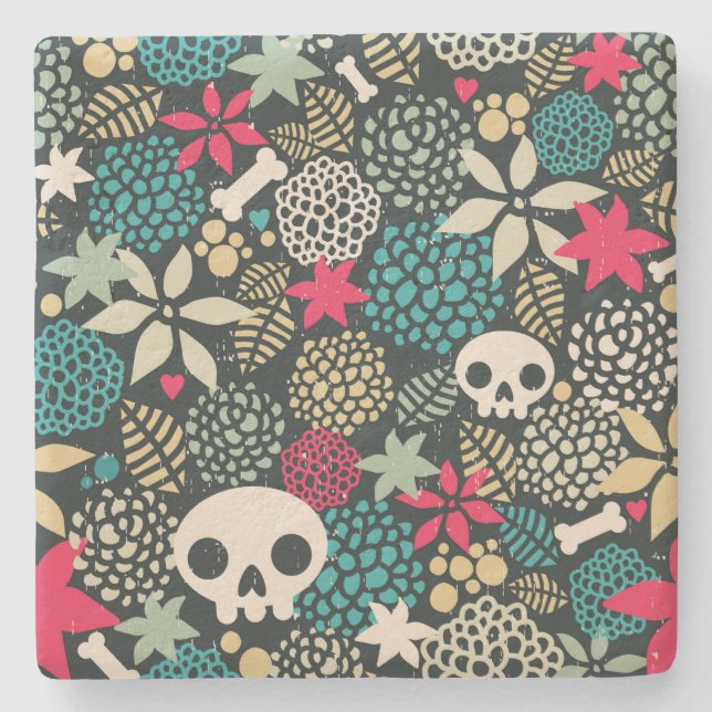 Skull in flowers stone coaster (Front)