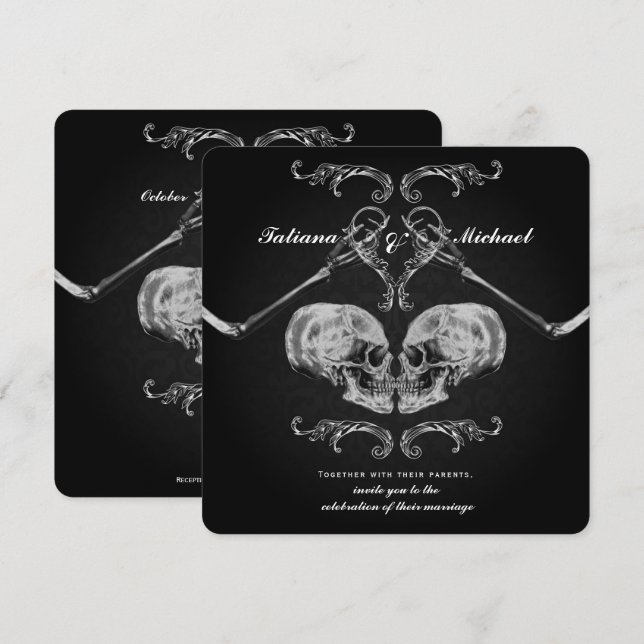 "Skull in Love" Vintage Skeletons Black Wedding Invitation (Front/Back)