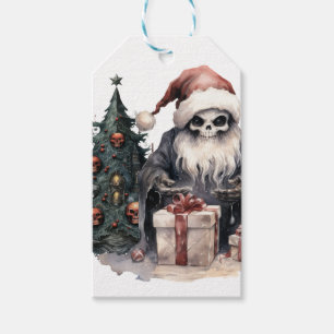 Skull in Santa hat with gothic Christmas tree Gift Tags