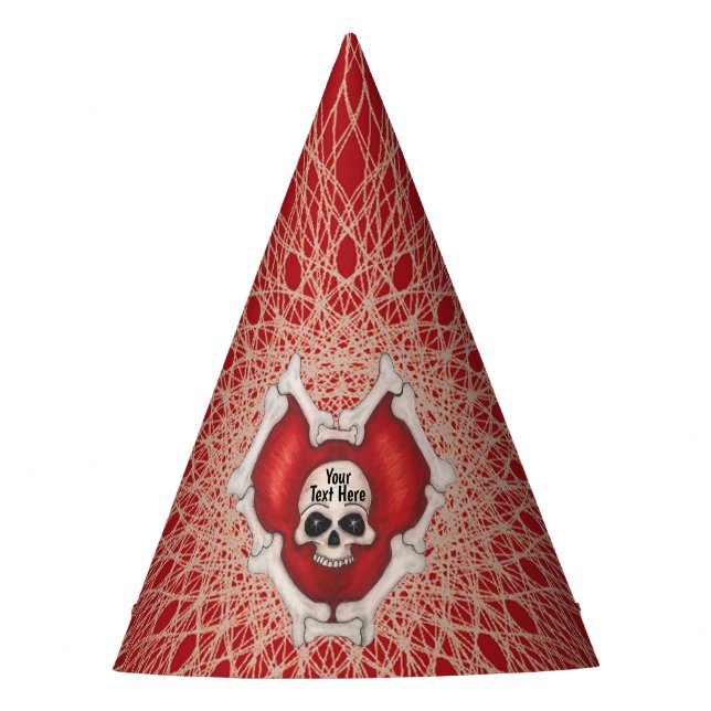 Skull in Spooky Red Heart of Bones Spiral Lines Party Hat (Front)