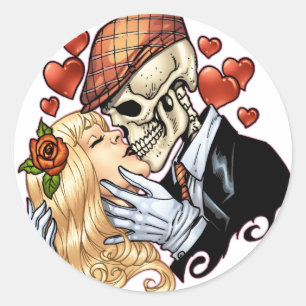Skull Kiss with Hearts and Roses by Al Rio Classic Round Sticker