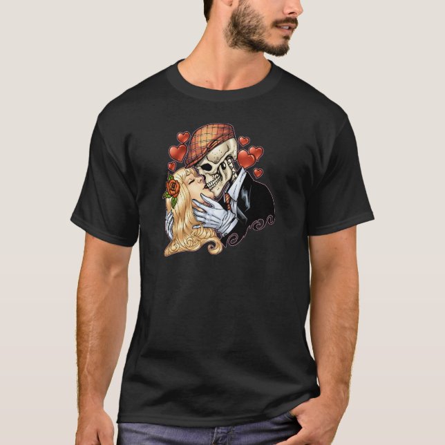 Skull Kiss with Hearts and Roses by Al Rio T-Shirt (Front)
