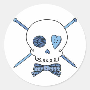 Skull & Knitting Needles (Blue) Classic Round Sticker
