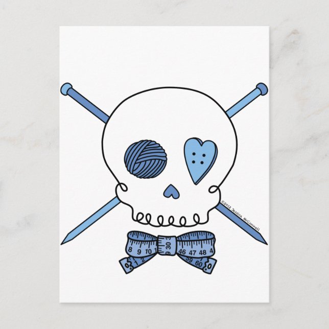 Skull & Knitting Needles (Blue) Postcard (Front)