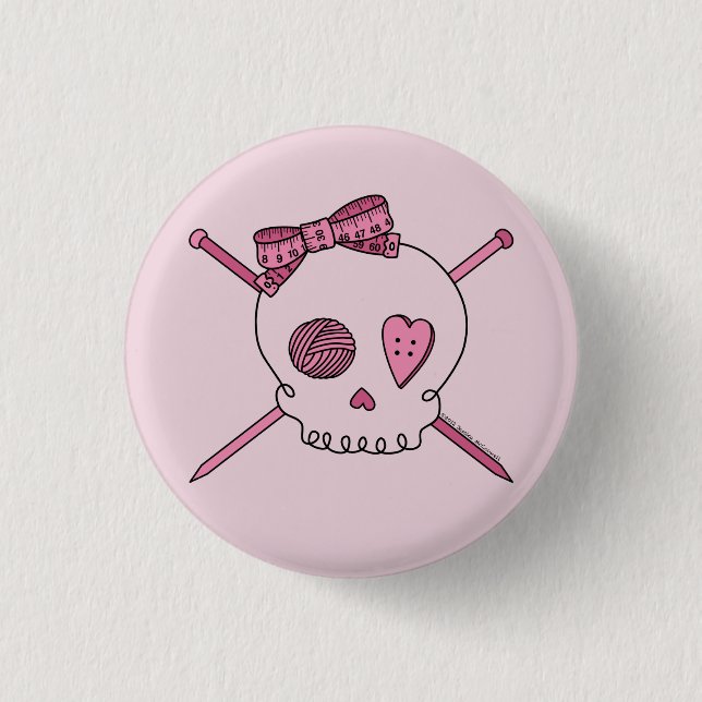 Skull & Knitting Needles (Pink Background) 3 Cm Round Badge (Front)