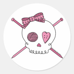 Skull & Knitting Needles (Pink) Classic Round Sticker