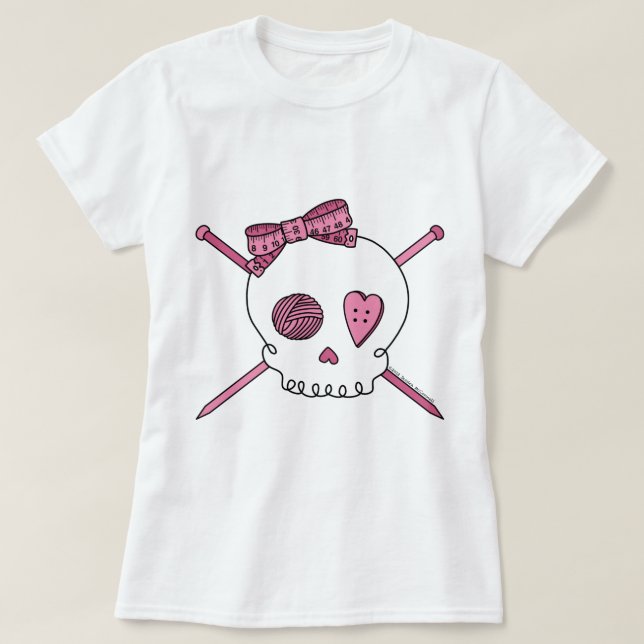 Skull & Knitting Needles (Pink) T-Shirt (Design Front)