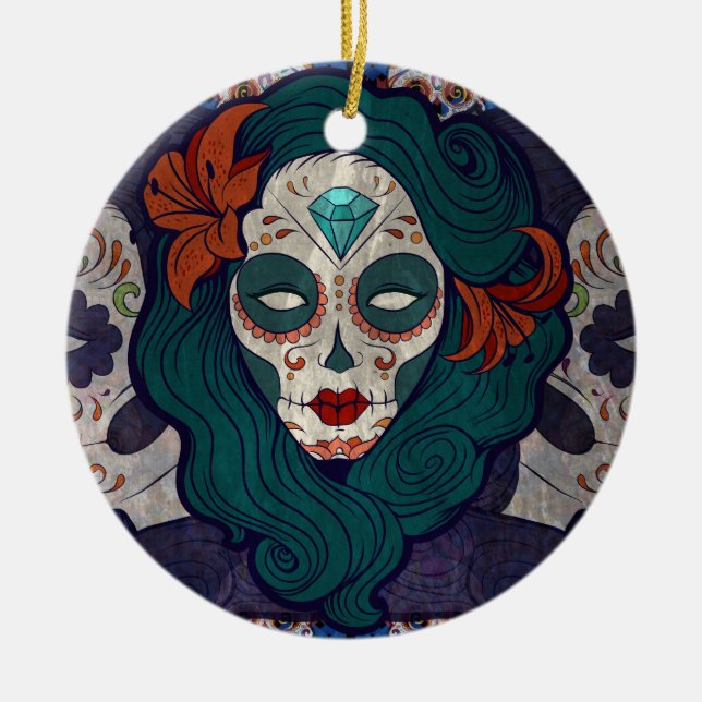 Skull Ladies Ceramic Tree Decoration (Front)