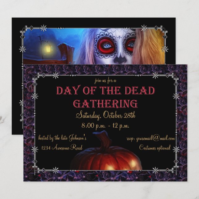 Skull Lady & Jack-o-lantern Dias de los Muertos Invitation (Front/Back)