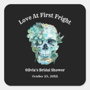 Skull Love at First Fright Halloween Bridal Shower Square Sticker