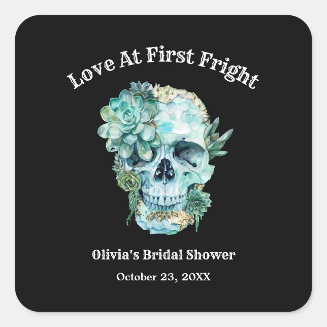 Skull Love at First Fright Halloween Bridal Shower Square Sticker (Front)