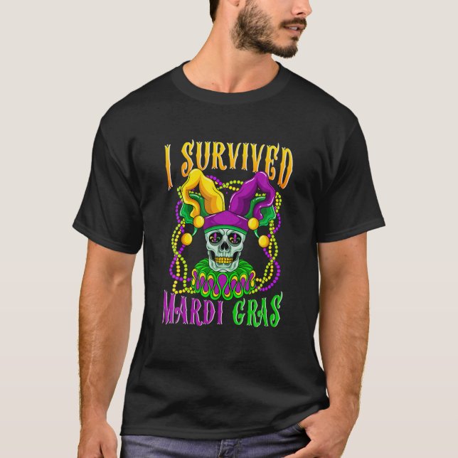 Skull Mardi Gras Jester Hat Skeleton I Survived Ma T-Shirt (Front)