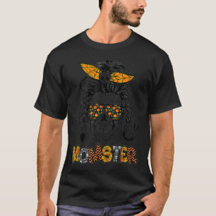 Skull Mom Momster Messy Bun Glasses Momster Hallow T-Shirt